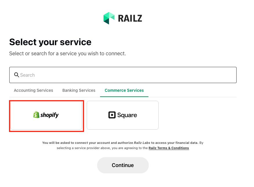 Railz Connect - Select Shopify. Click to Expand.