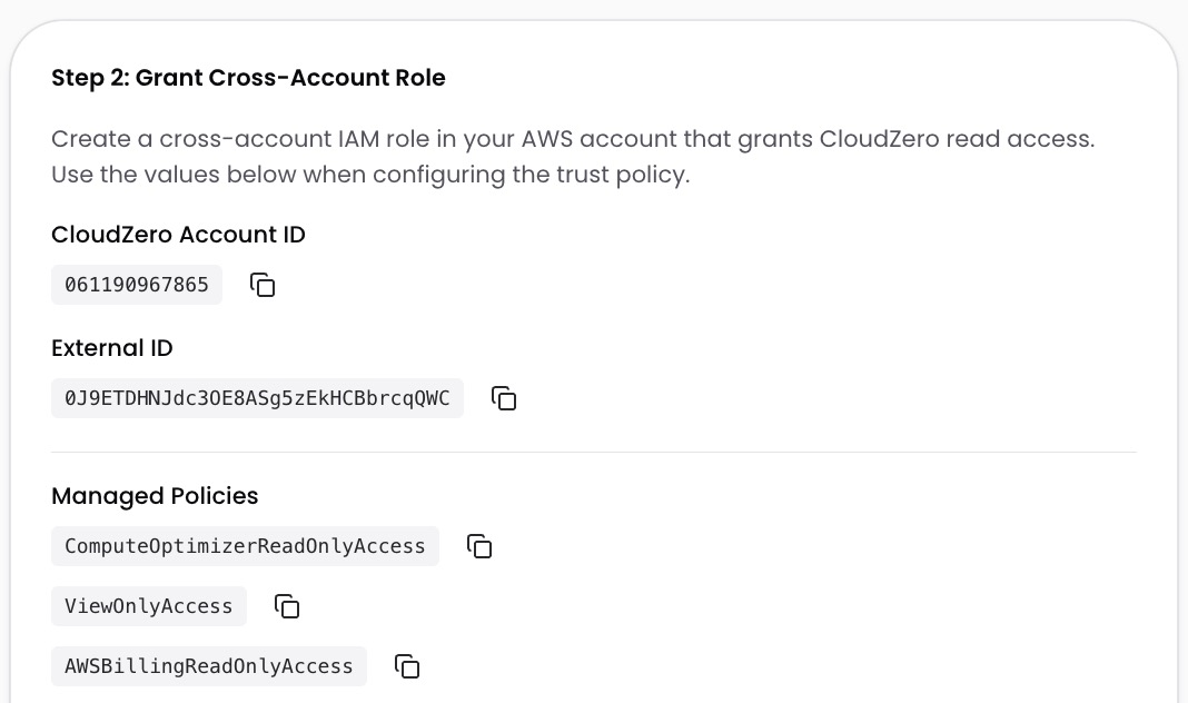CloudZero manual connection screen showing Account ID, External ID, and Managed Policies