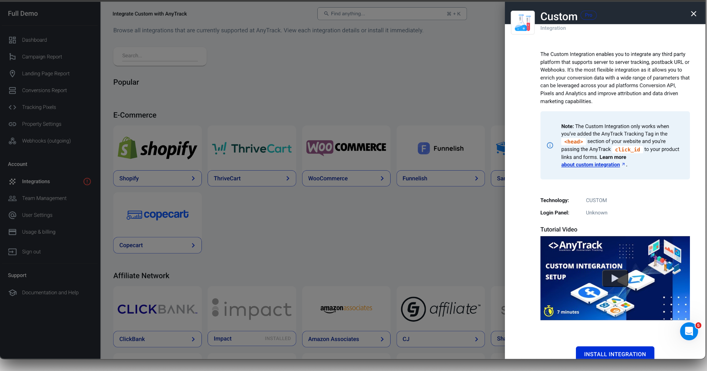 _Browse to the Custom Integration option in AnyTrack's integration catalog_