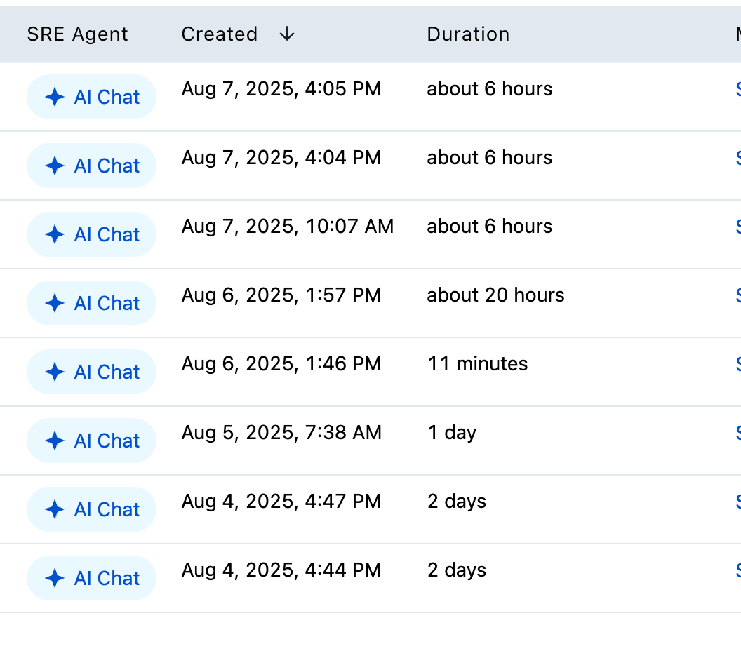 SRE Agent Column in Operations Console