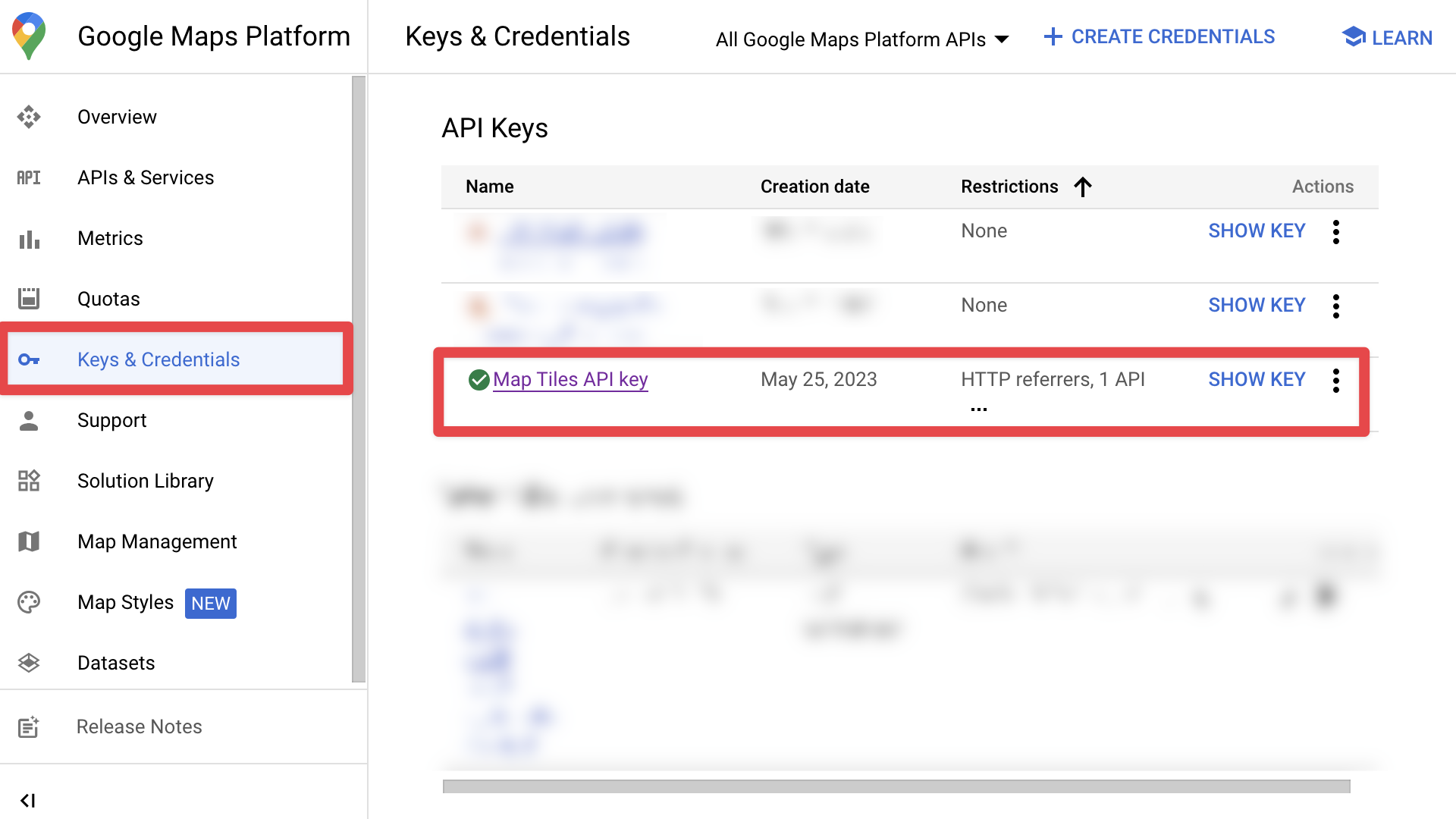 Retrieving the Map Tiles API key from the [Google Cloud Console](https://console.cloud.google.com/google/maps-apis/credentials).