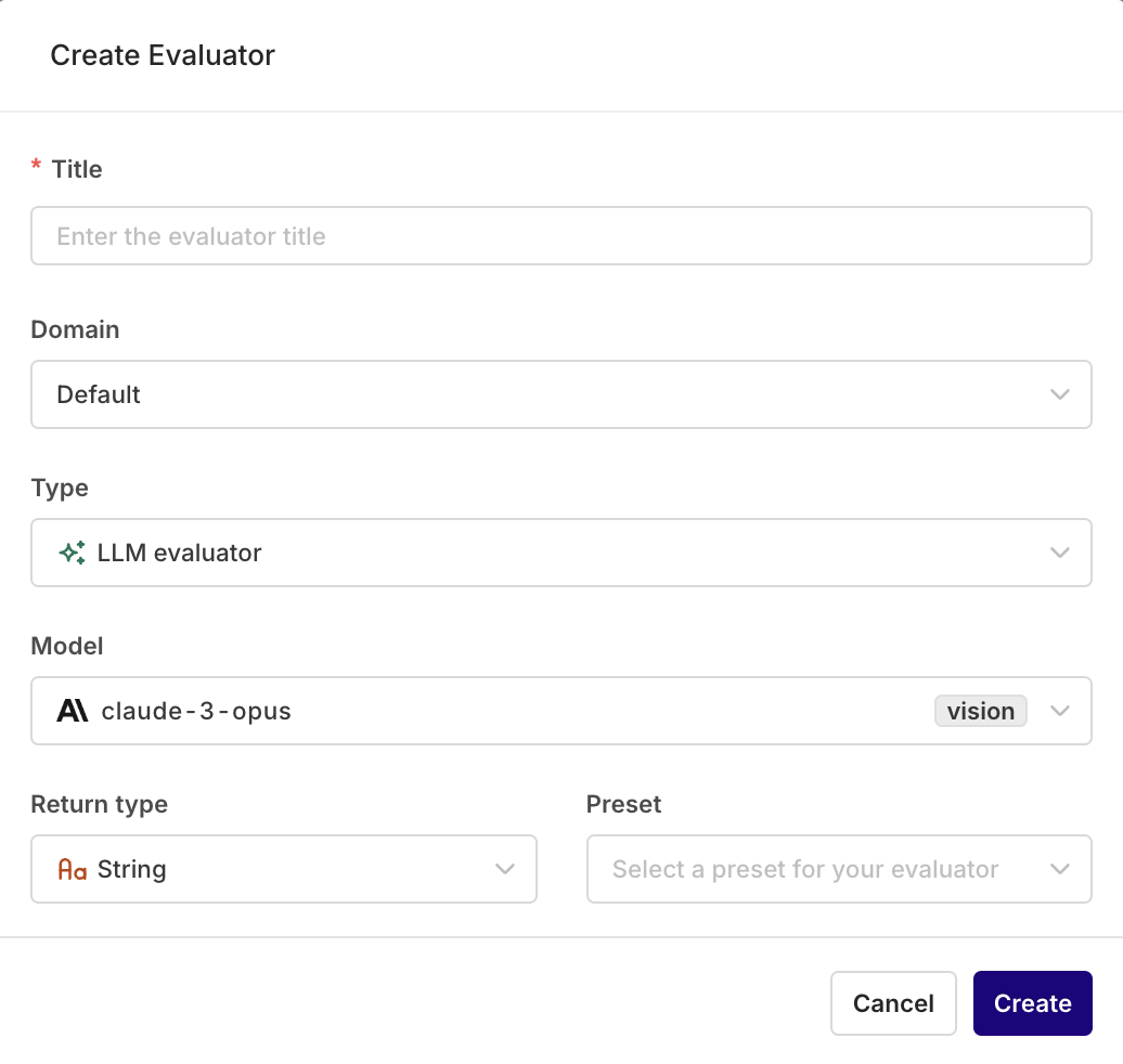 The LLM Evaluator creation modal where you can begin your evaluator configuration.