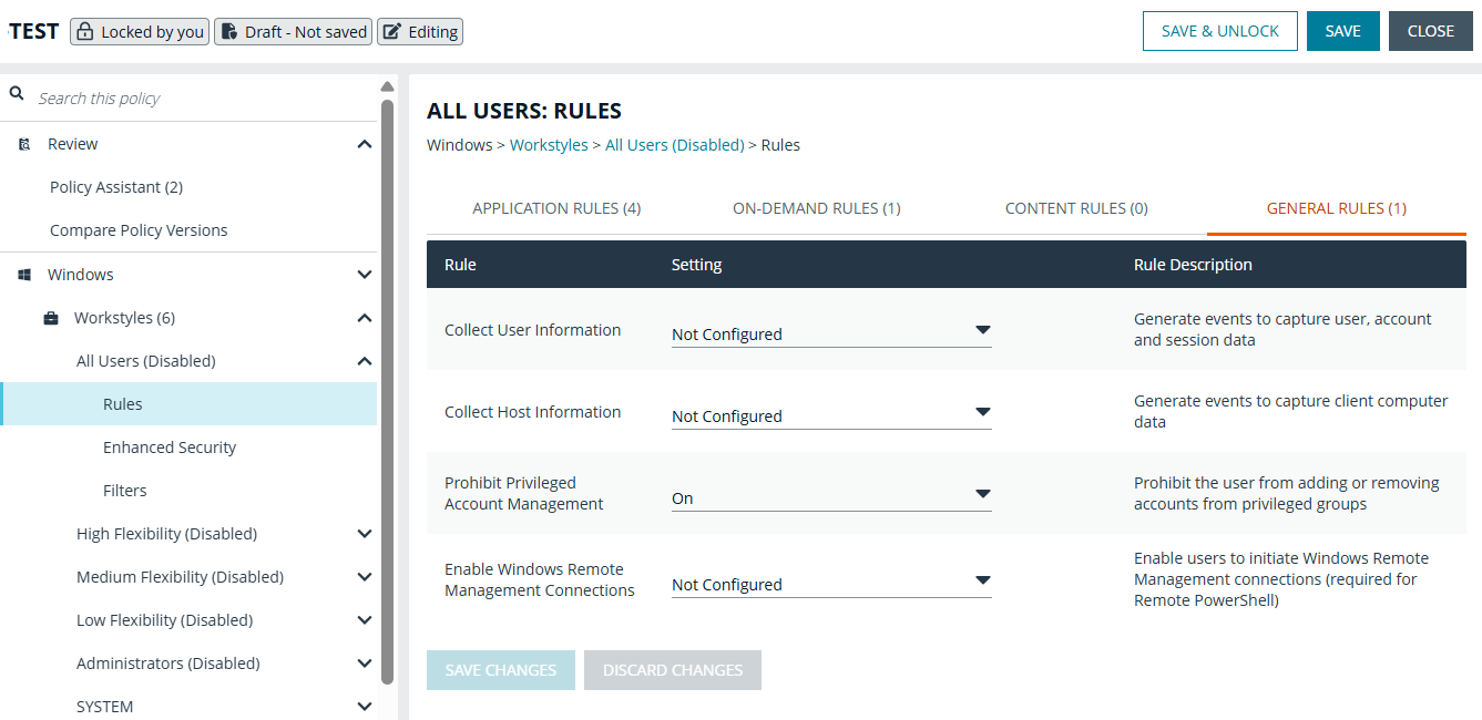 Setting General rules on a Windows policy in EPM Policy Editor