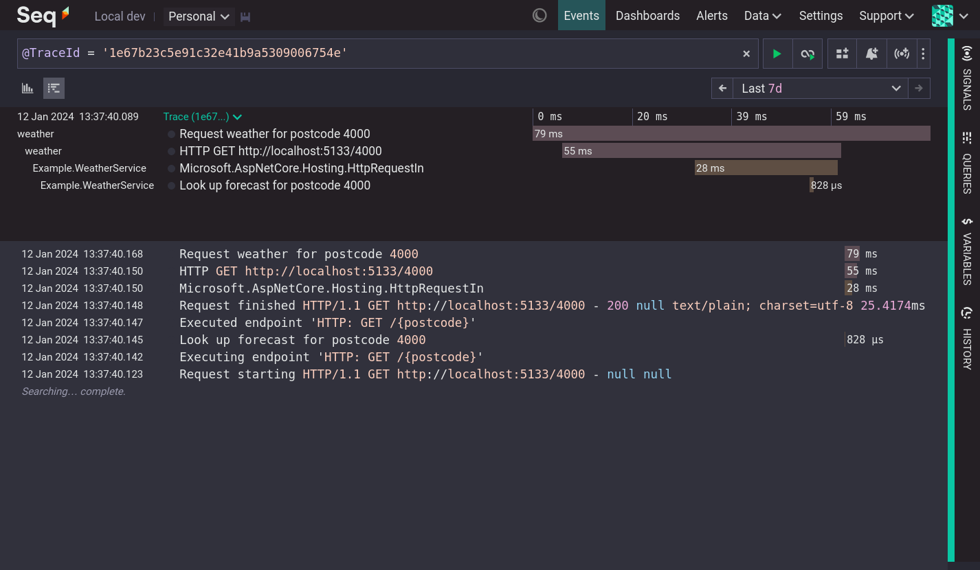 A distributed trace including spans and logs