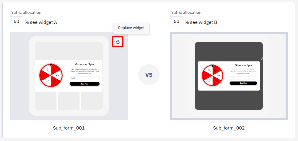Two widget previews (Widget and Popup) with the Replace widget icon highlighted between them