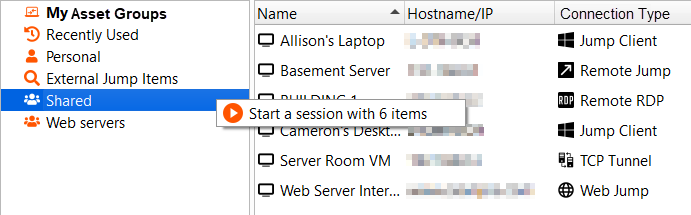 Asset Group with the right-click menu showing "Start a session with 6 items
