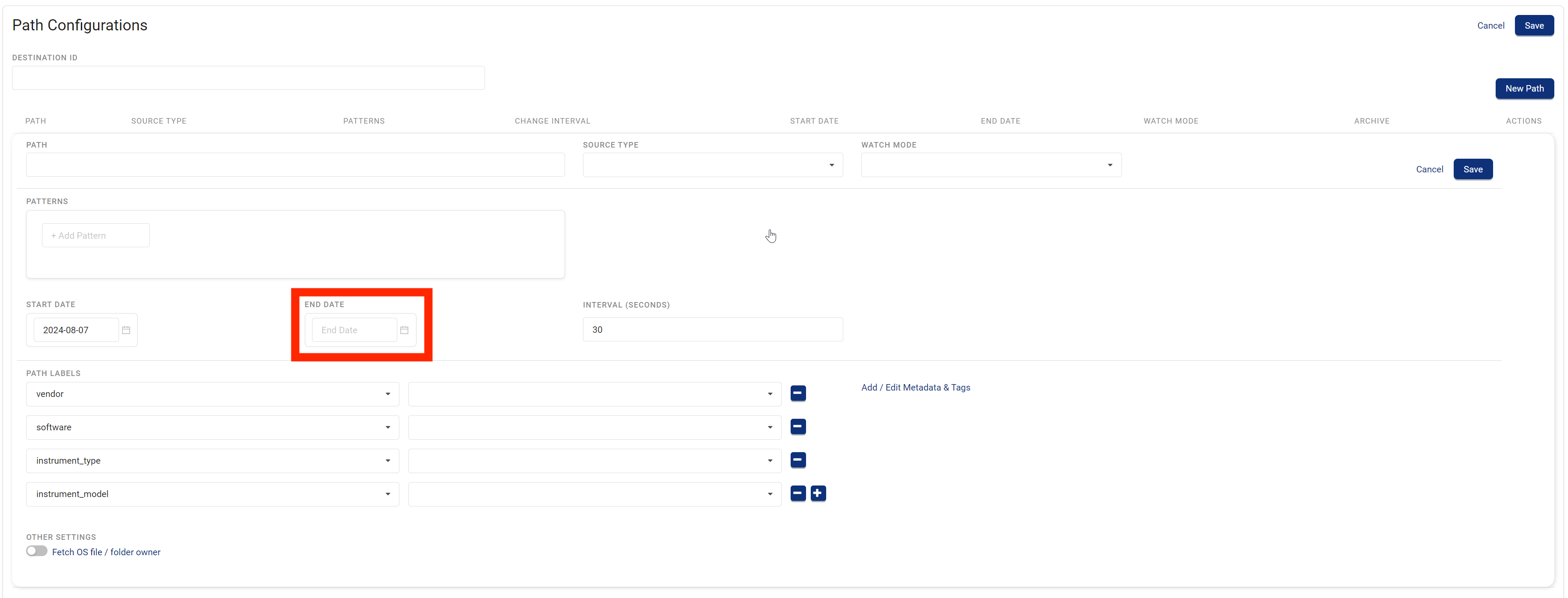 TDP Path Configurations page