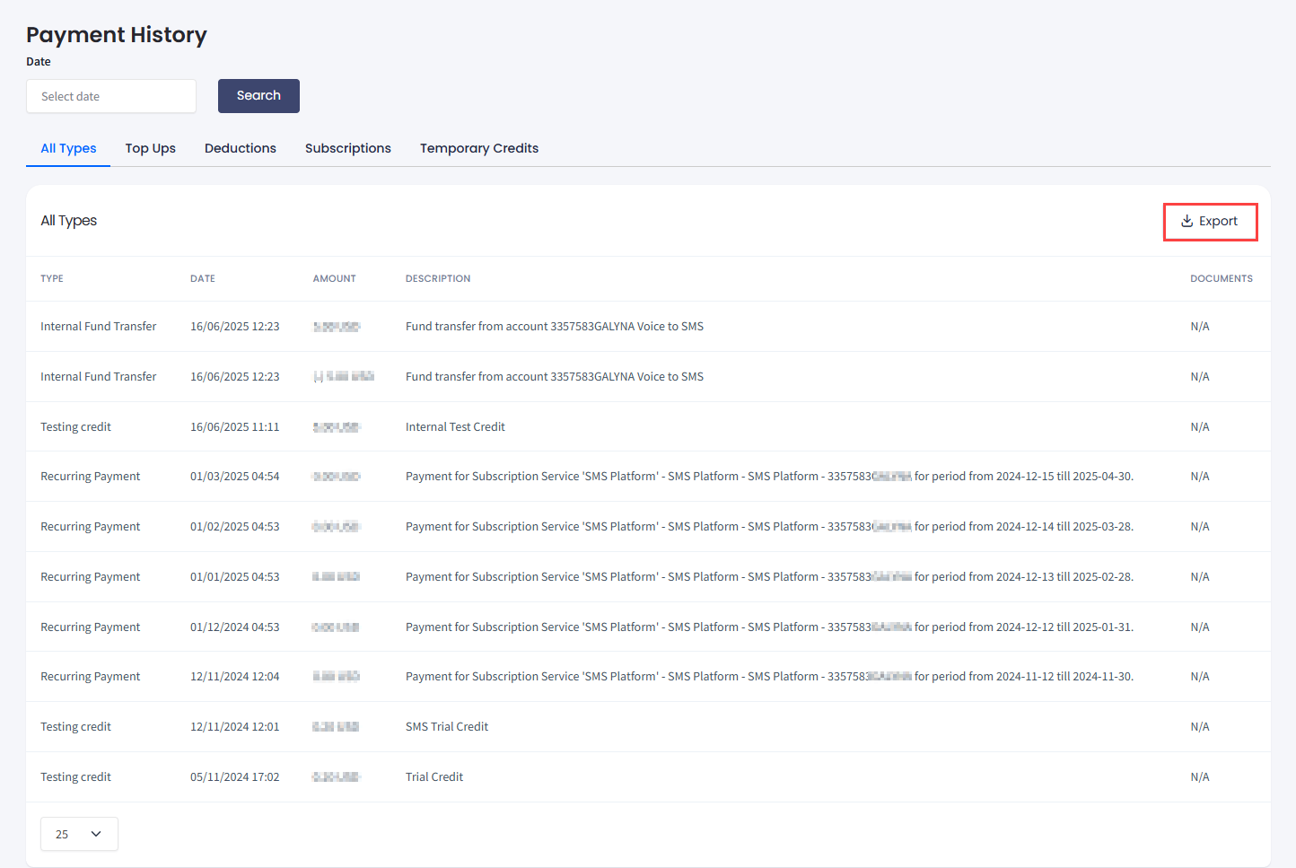 Screenshot of downloading payment history