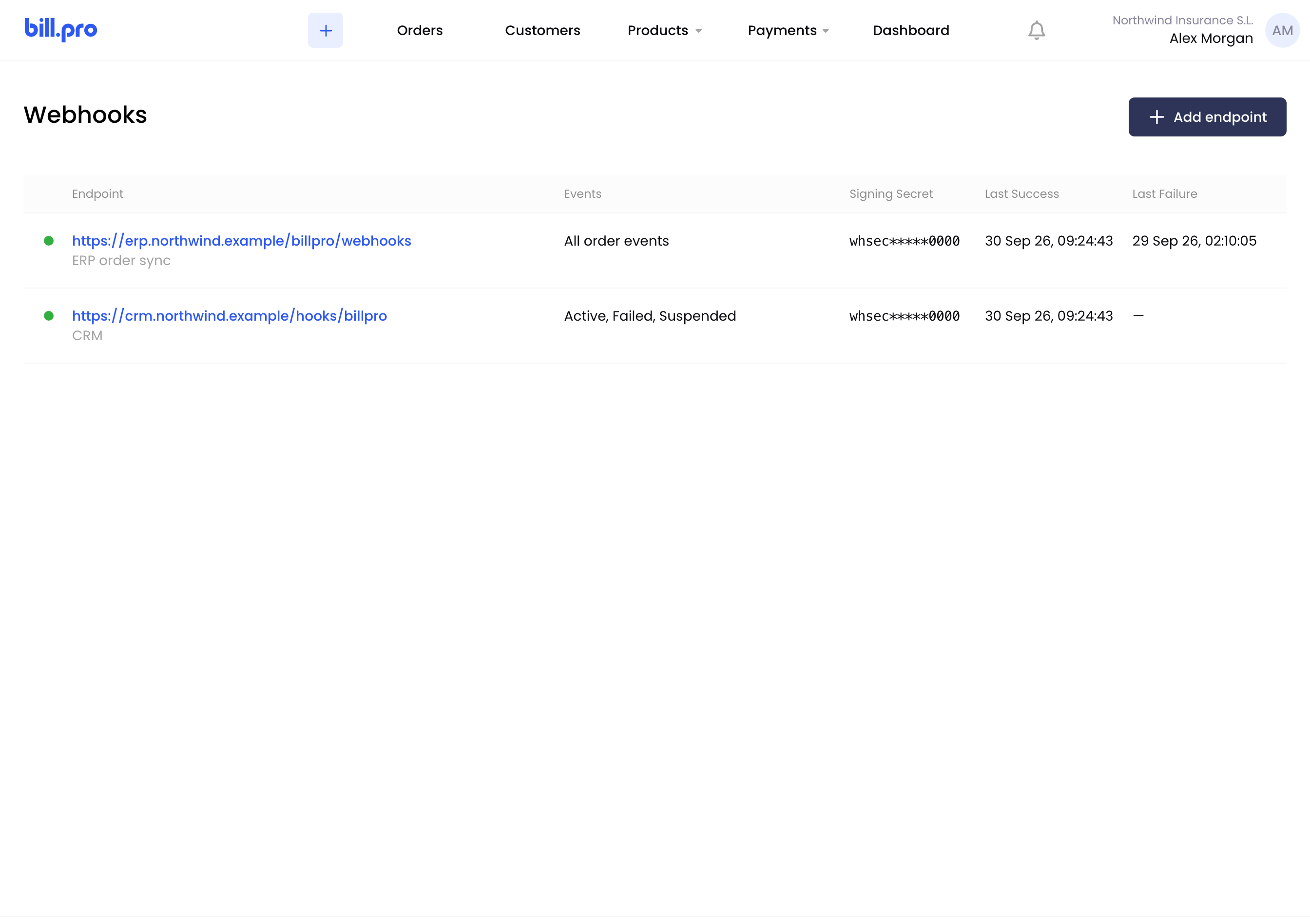 The Webhooks list with the Add endpoint button