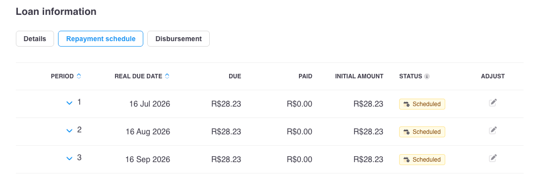Screenshot showing an excerpt of the repayment schedule tab
