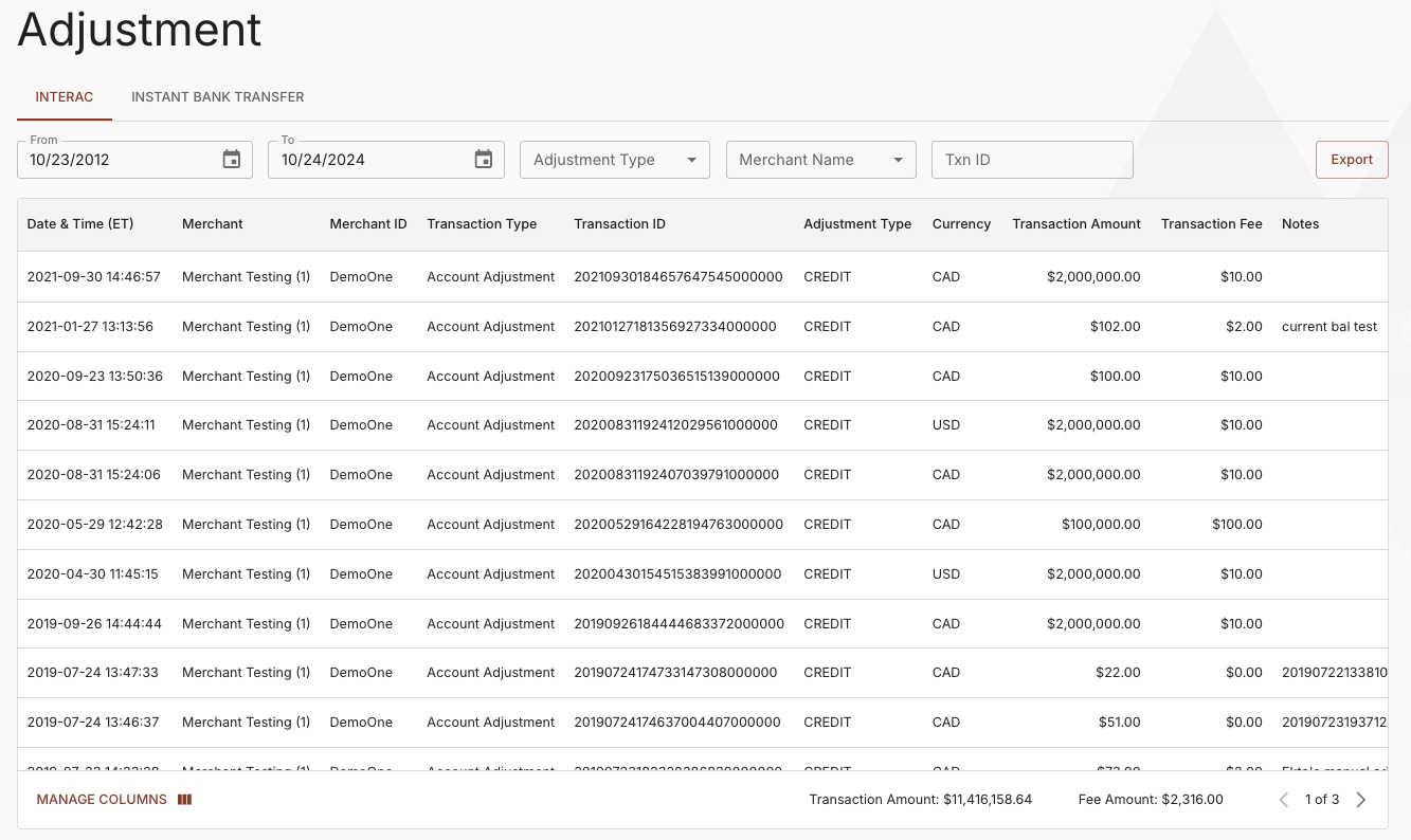 INTERAC Adjustments Report