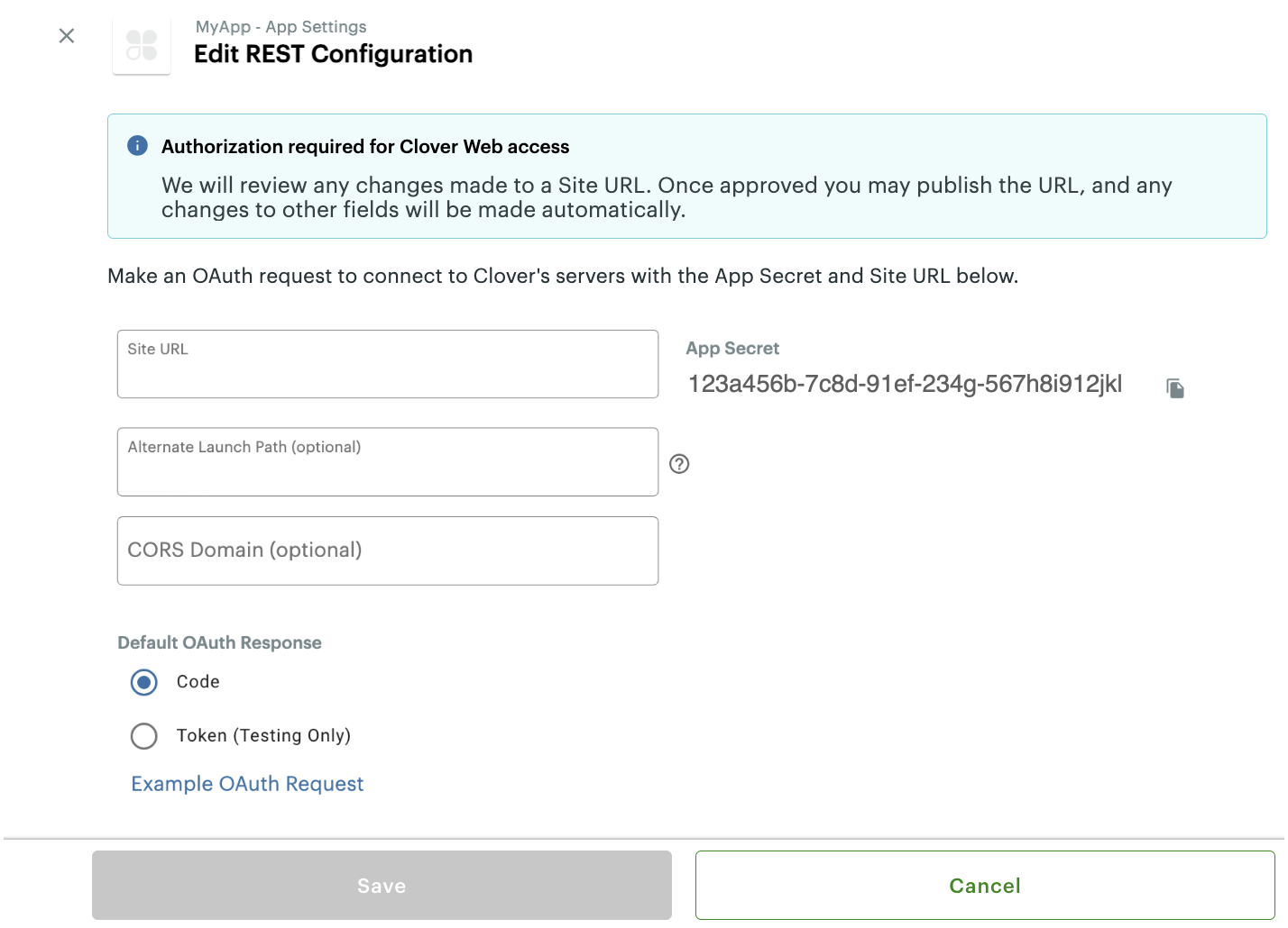 App Settings: Edit REST Configuration page.