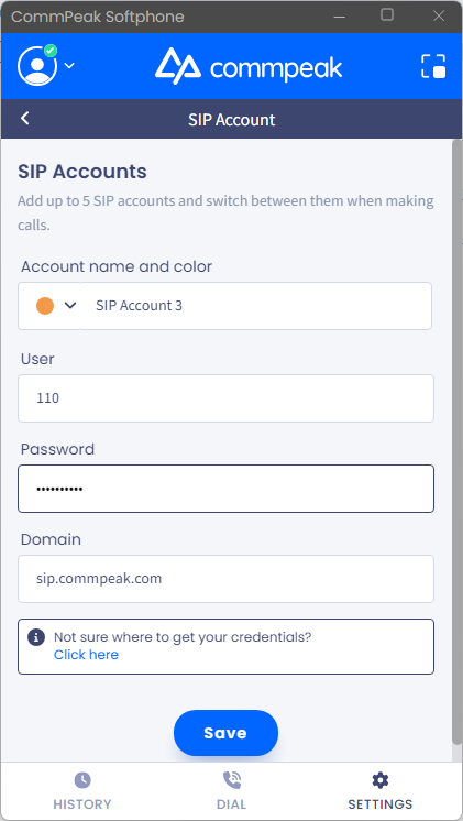 Screenshot of the screen with entering SIP credentials and domain from CommPeak Portal