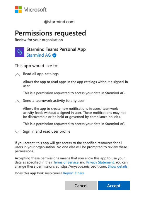 Approve Starmind Teams App permissions for your organization