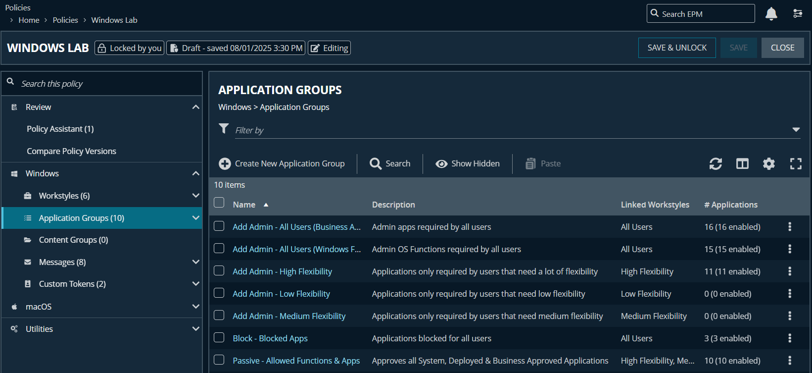 Application groups for Windows in the Policy Editor