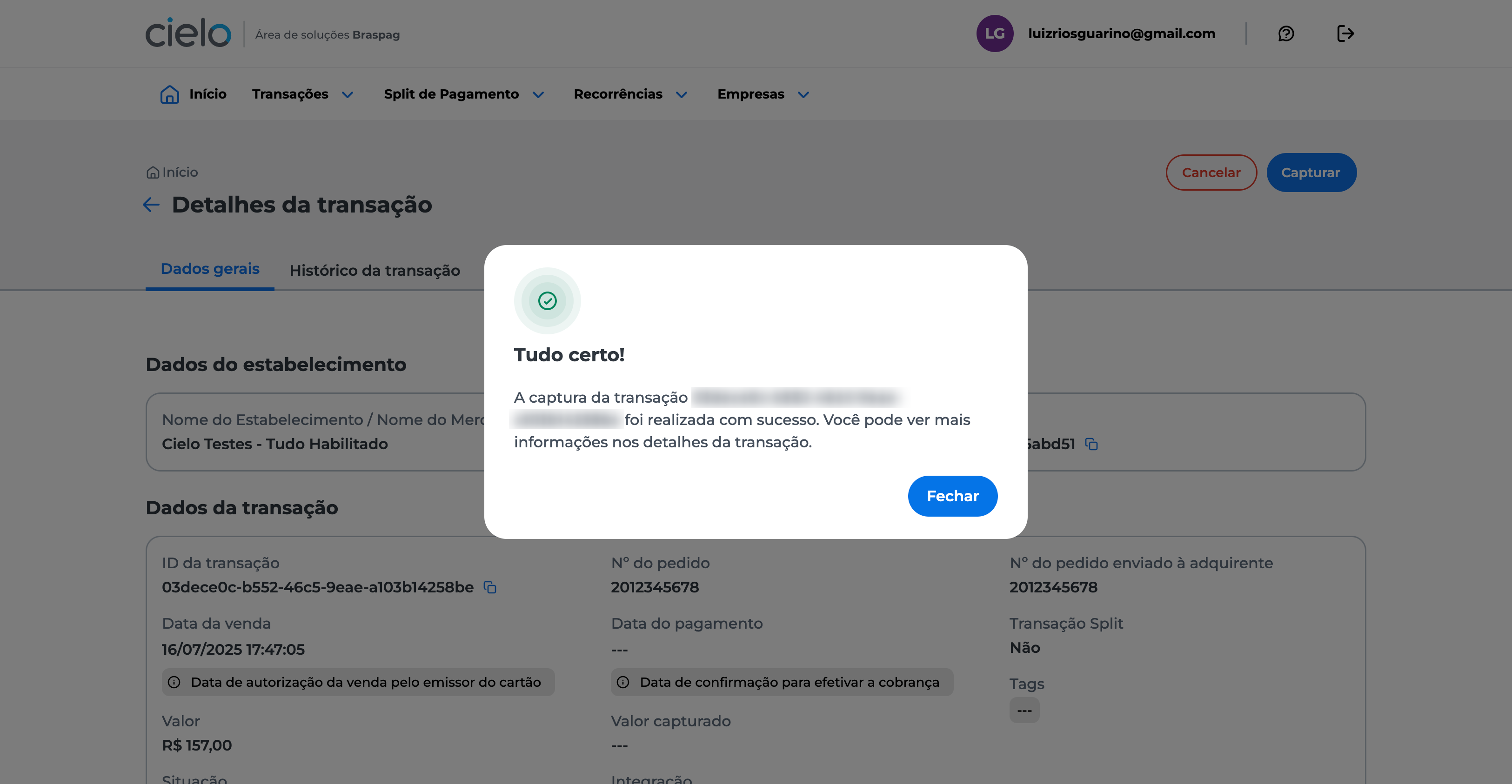 Tela de confirmação exibida após autenticação em duas etapas. Uma mensagem indica que a captura parcial foi concluída com sucesso, com destaque para o texto "Sucesso na Captura Parcial".