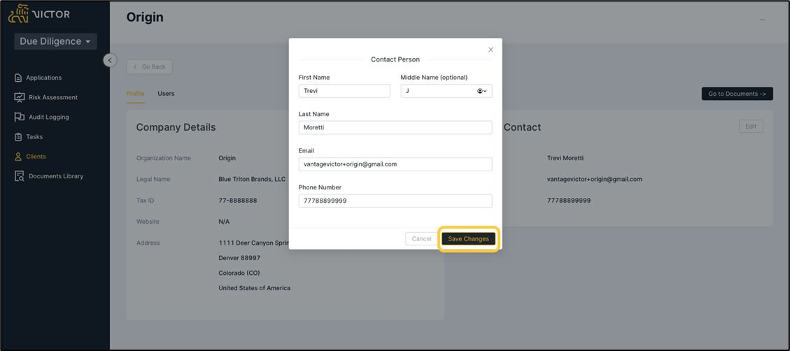 Figure 12. Client Profile Primary Contact Modal