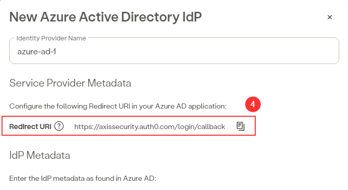 Copying the **Redirect URI** from the **Azure IdP form** in the **Axis Management Console**