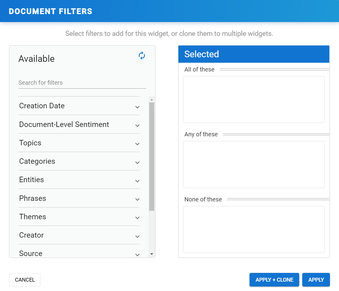 Widget Basics filter panel.png The filter panel presents many possibilities