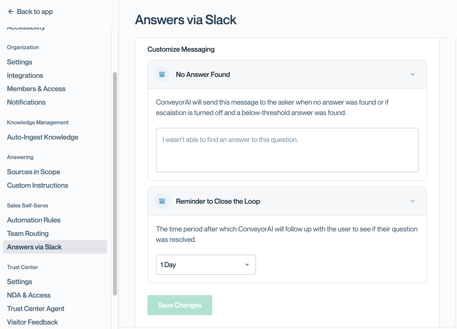 The Customize Messaging section of the Answers via Slack settings, with the No Answer Found message field and the Reminder to Close the Loop time-period dropdown set to 1 Day.