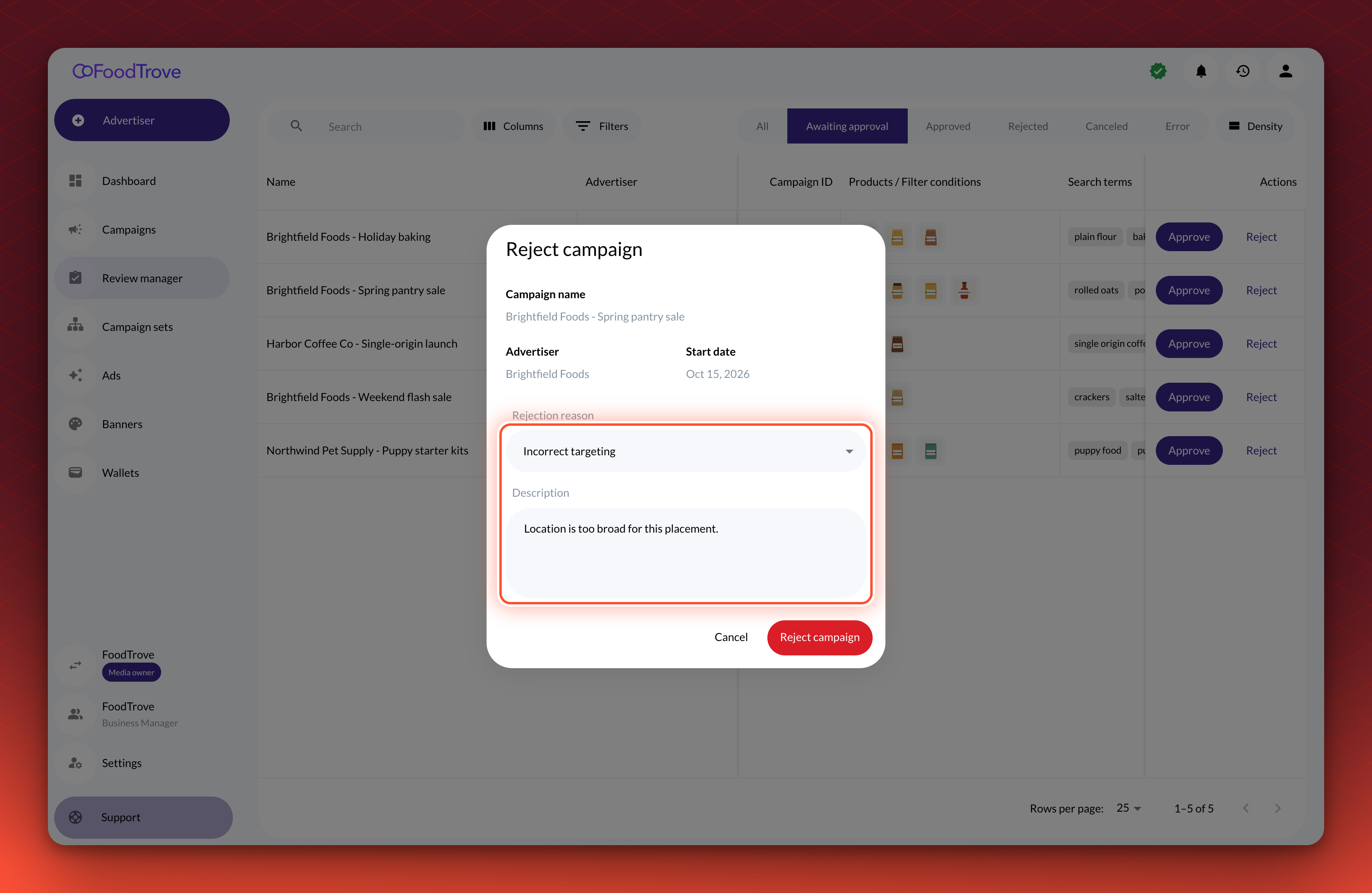 The Reject campaign dialog showing the campaign name, advertiser and start date, a Rejection reason list set to Incorrect targeting, a Description box, and Cancel and Reject campaign buttons.