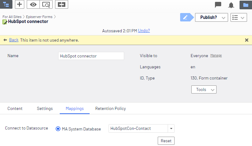 Screenshot of the Mappings tab where selecting the Contact database for HubSpot field mapping