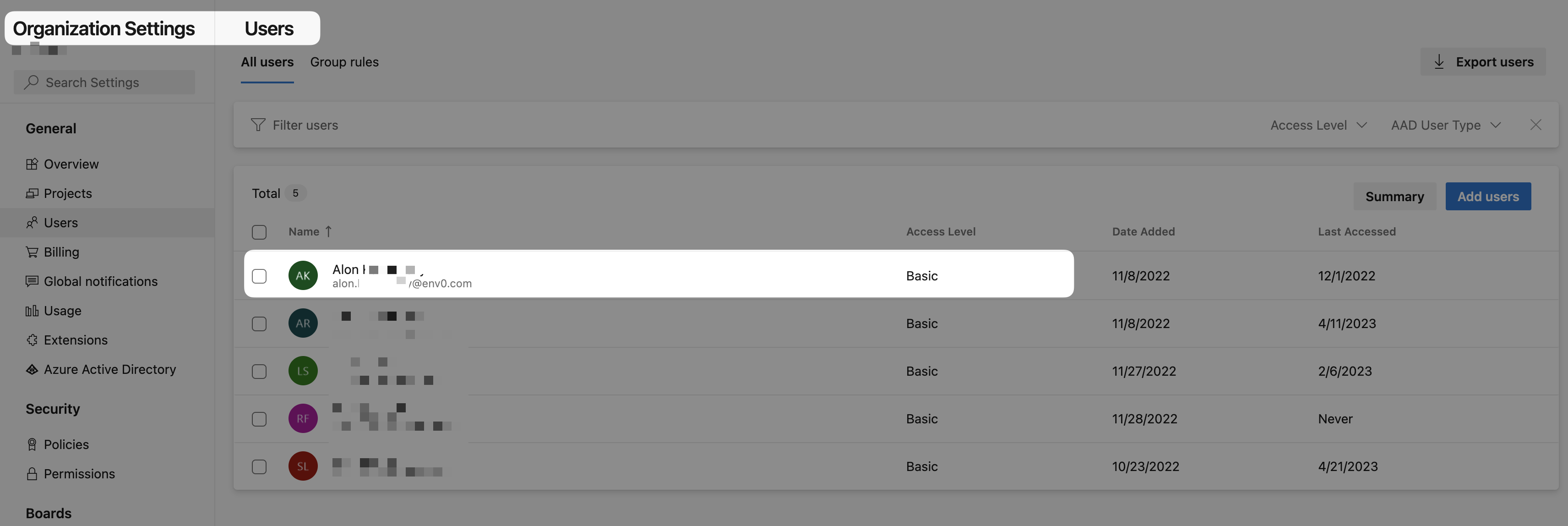 Organization Settings - Basic Access Level