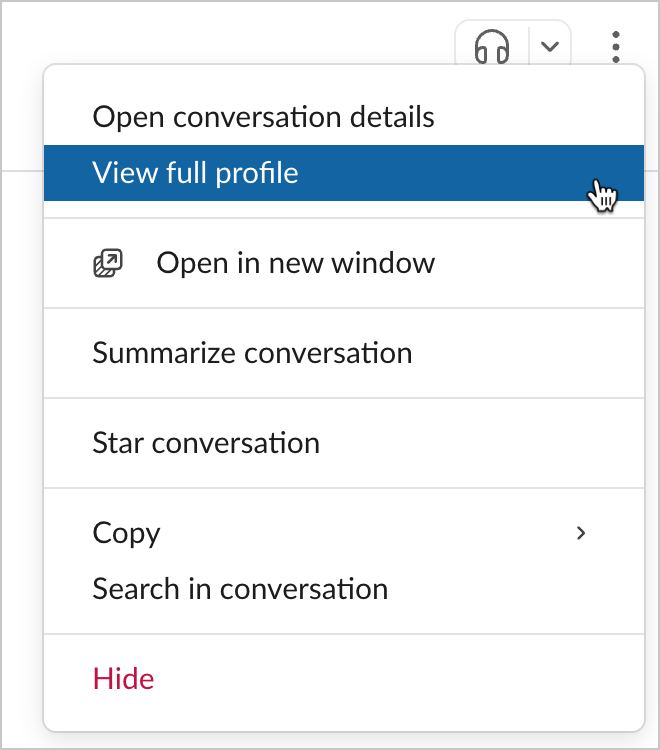 A user in Slack hovers their mouse over an option that reads "View full profile" inside a dropdown menu.