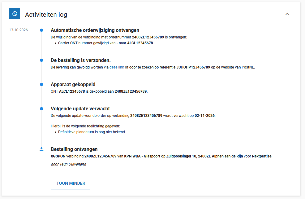 De activiteitenlog met 'Automatische orderwijziging ontvangen' en het doorgegeven ONT-nummer