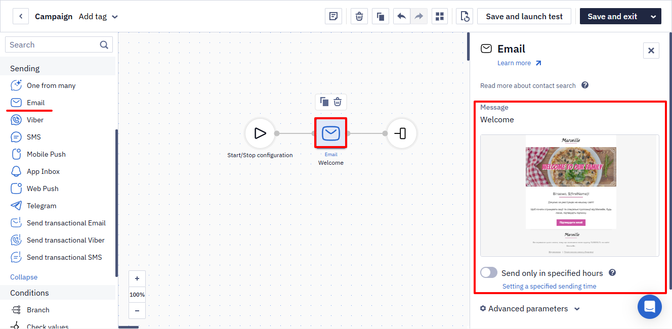 Email block settings with the Message field, message preview, and Send only in specified hours toggle highlighted