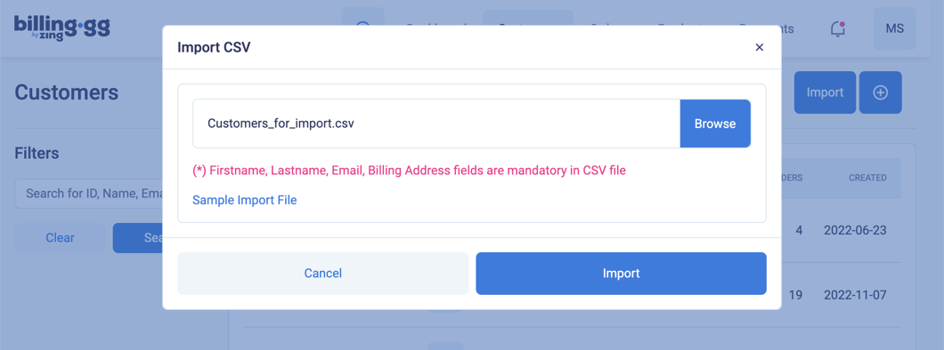 Import the customer CSV file