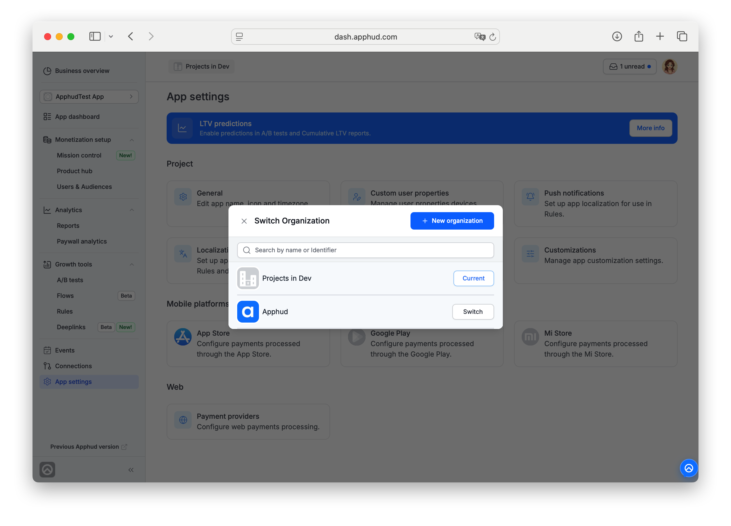 Switch organization modal with search