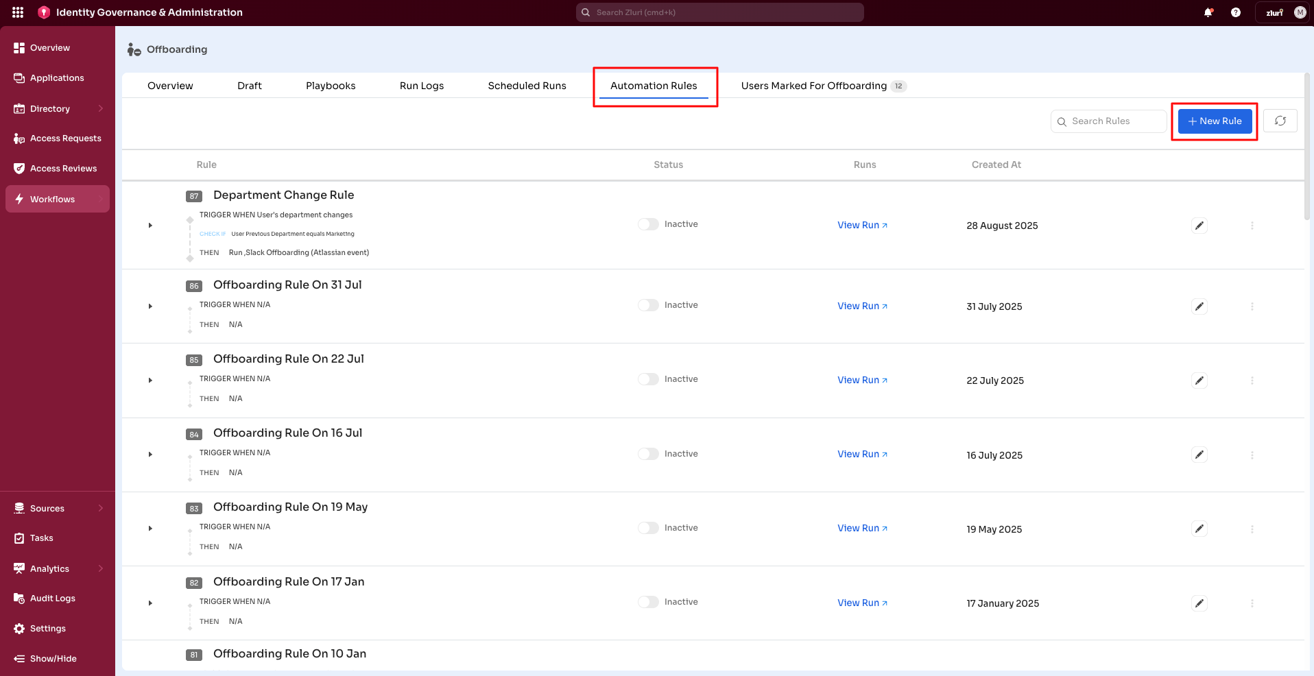 Offboarding workflow → Automation Rules dashboard