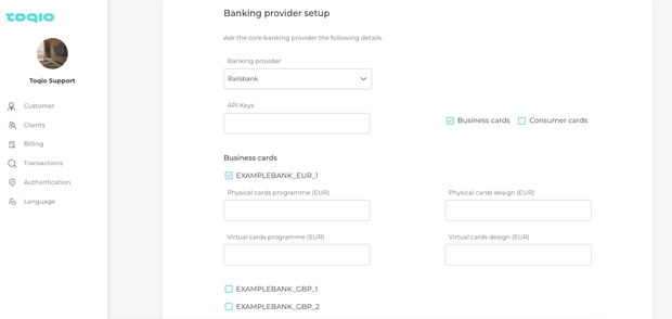 Railsbank card setup in Admin portal