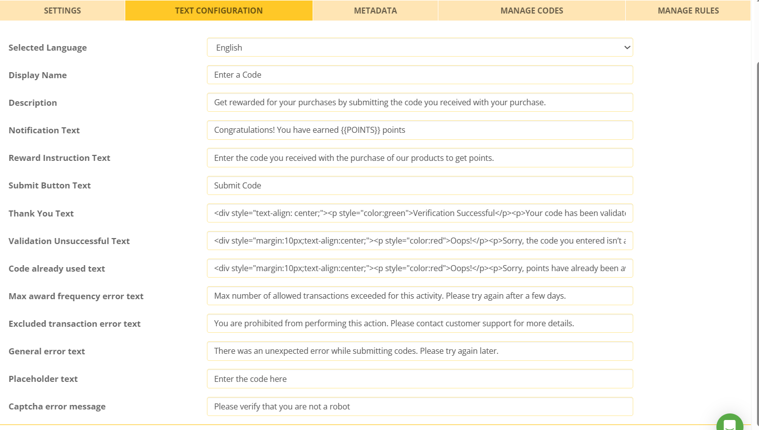 text configuration