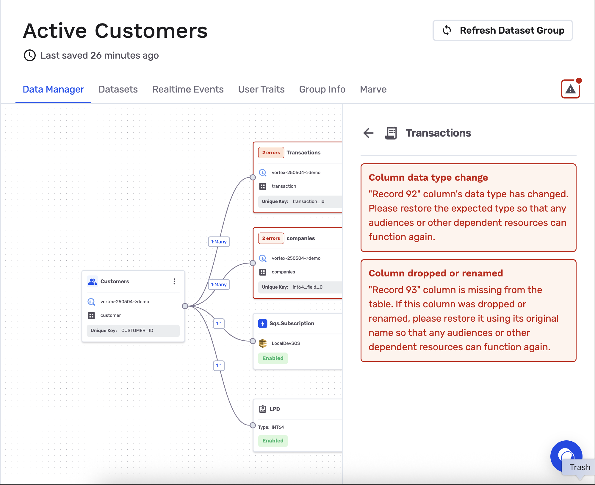 Schema errors drawer with detailed descriptions for detected mutations