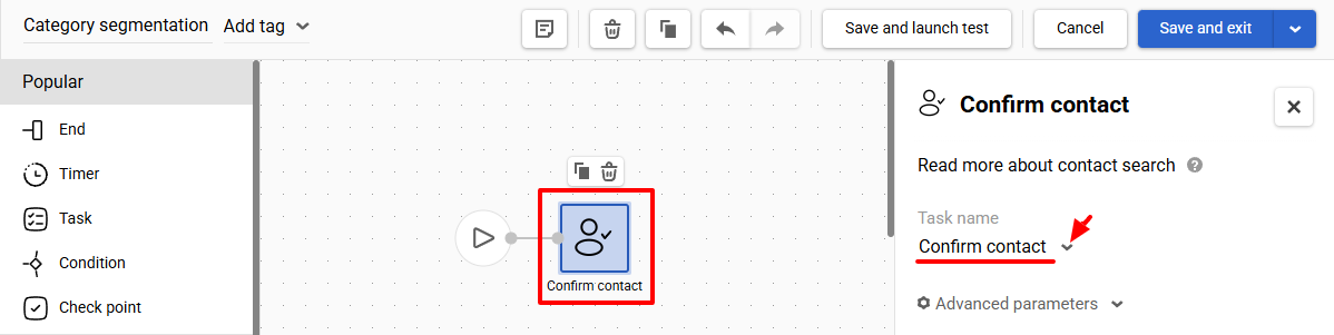 Adding block Start - "Confirm contact"