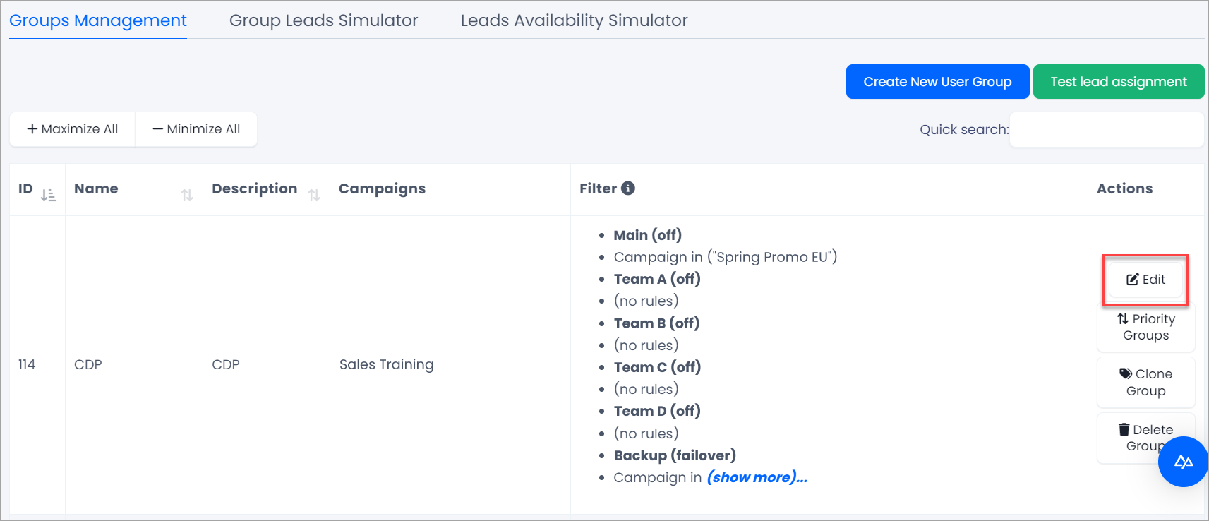 Screenshot of editing a user group
