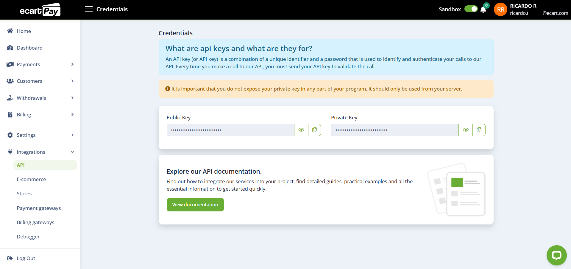 Image 4. API Section with both Public and Private Keys.