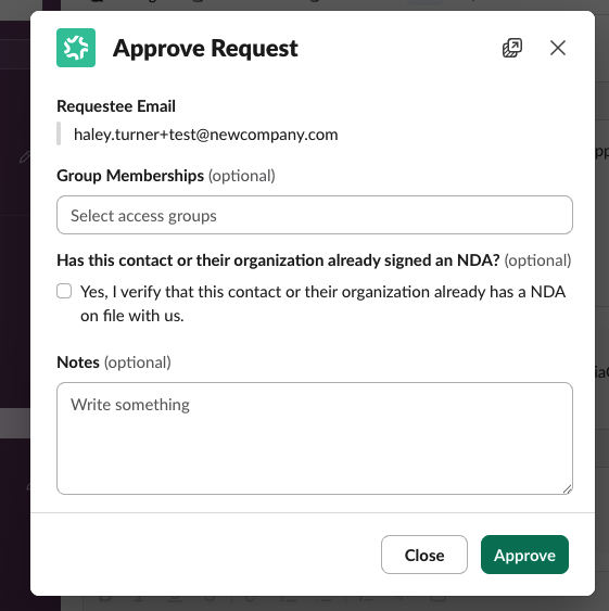 The Approve Request modal in Slack with the requestee email, a Group Memberships selector, a checkbox to confirm the contact already has an NDA on file, a Notes field, and Close and Approve buttons.