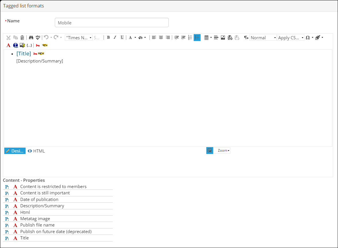 Entering a Name and defining the content properties