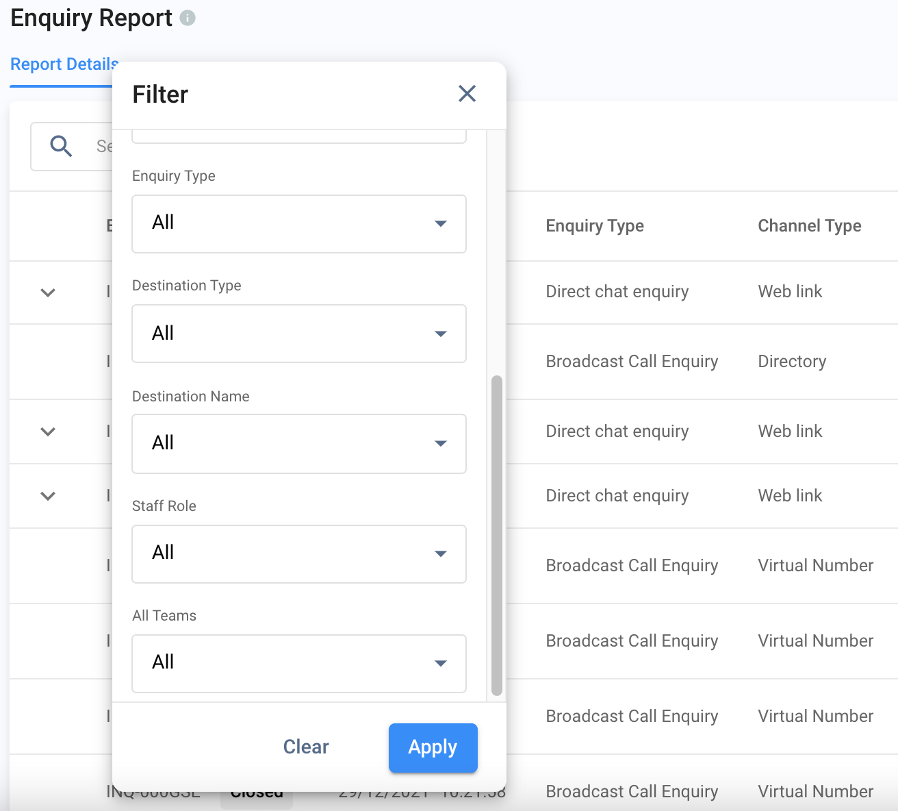 Enquiry Detail Report Filter