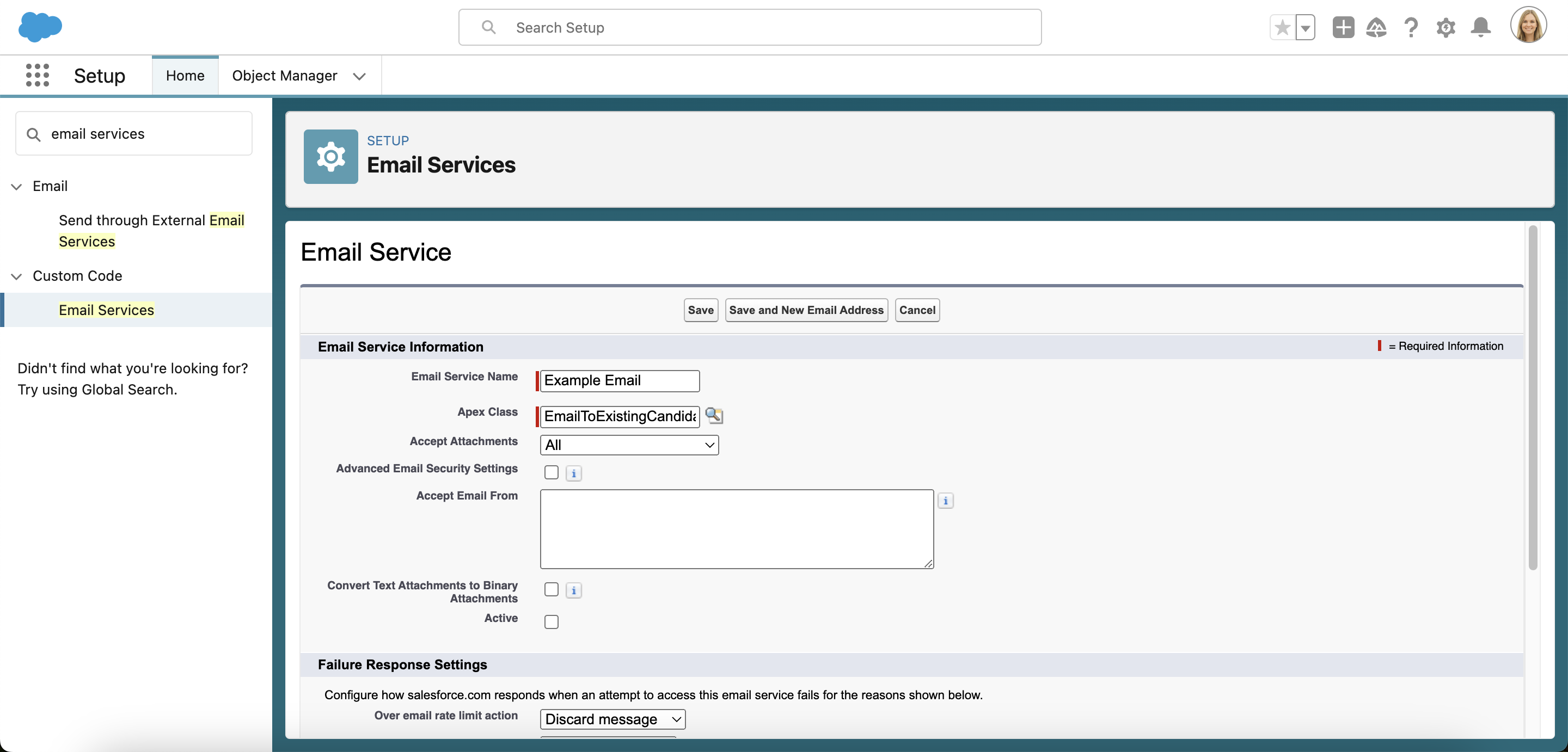 Configuring an email service in Salesforce Setup