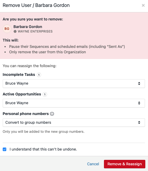 Removing a user and reassigning their phone numbers as group numbers.