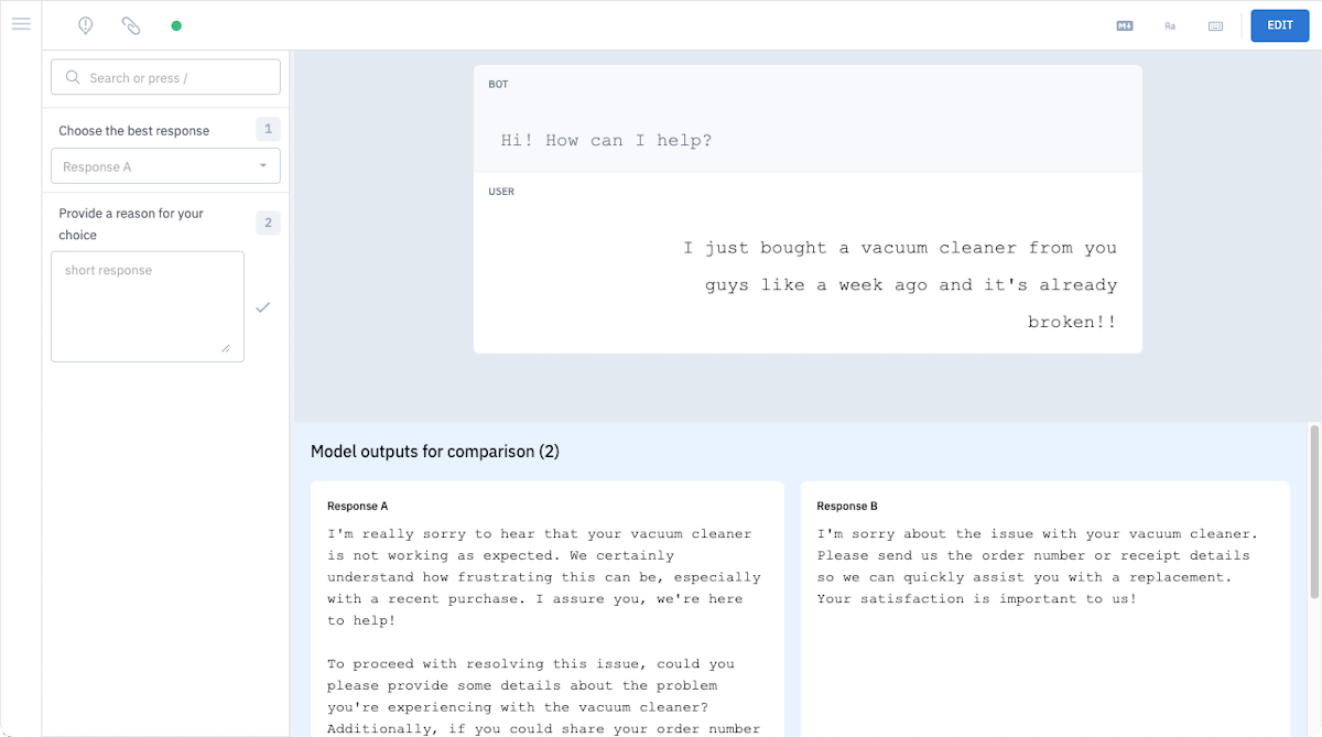 The LLM human preference editor helps human reviewers evaluate and compare chat responses