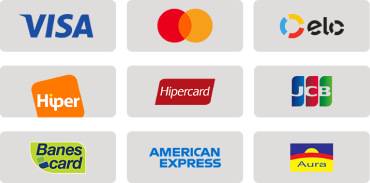 Visa, Mastercard, Elo, Hiper, Hipercard, JCB, Banescard, American Express, Aura