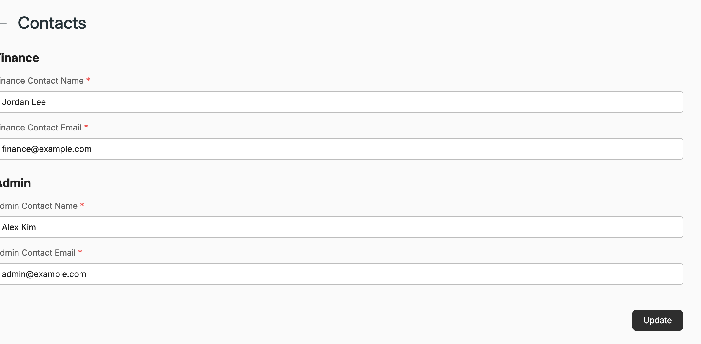 The Contacts screen — finance and admin contacts.