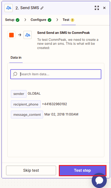 Screenshot of the testing step