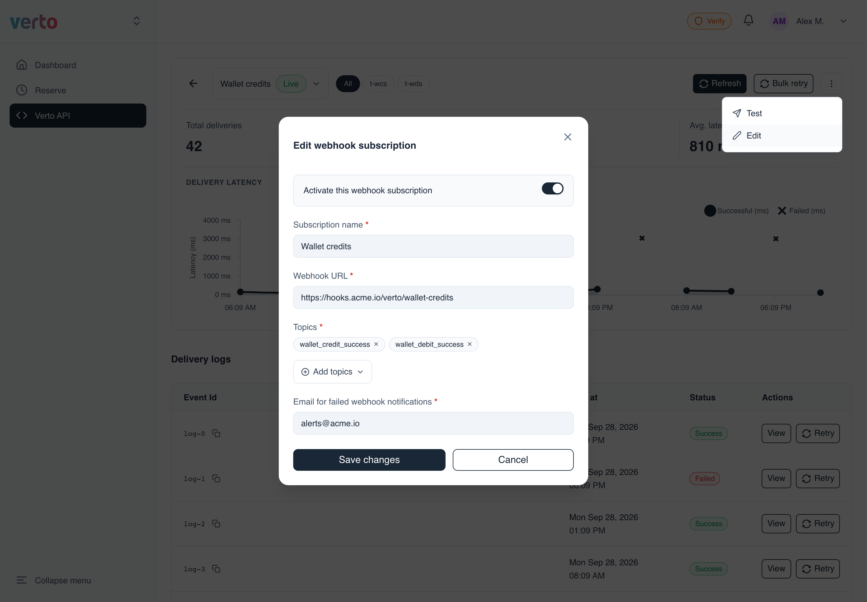 Edit webhook subscription form