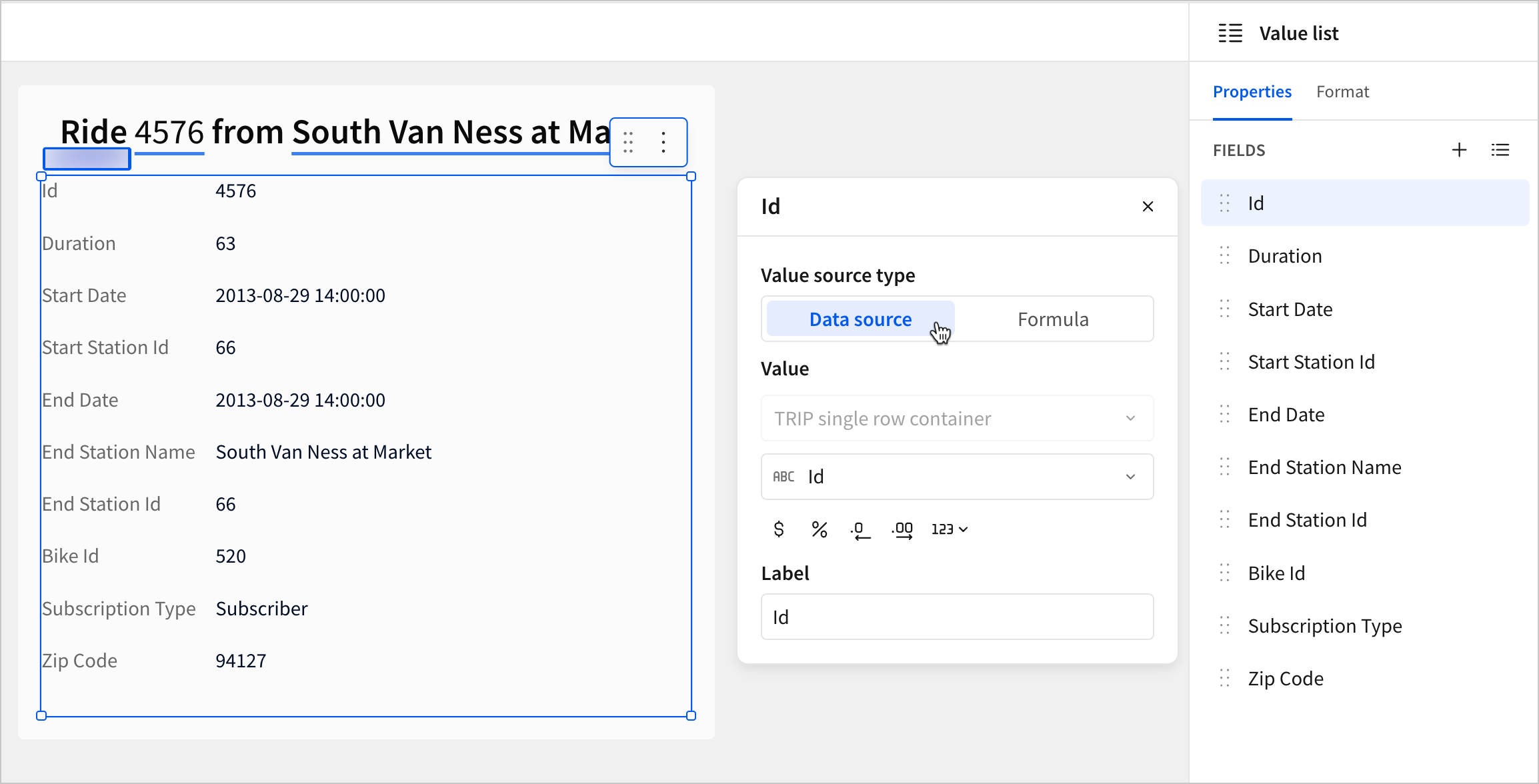 A value list element inside a single row container is configured to display a value from the data source of a single row container.